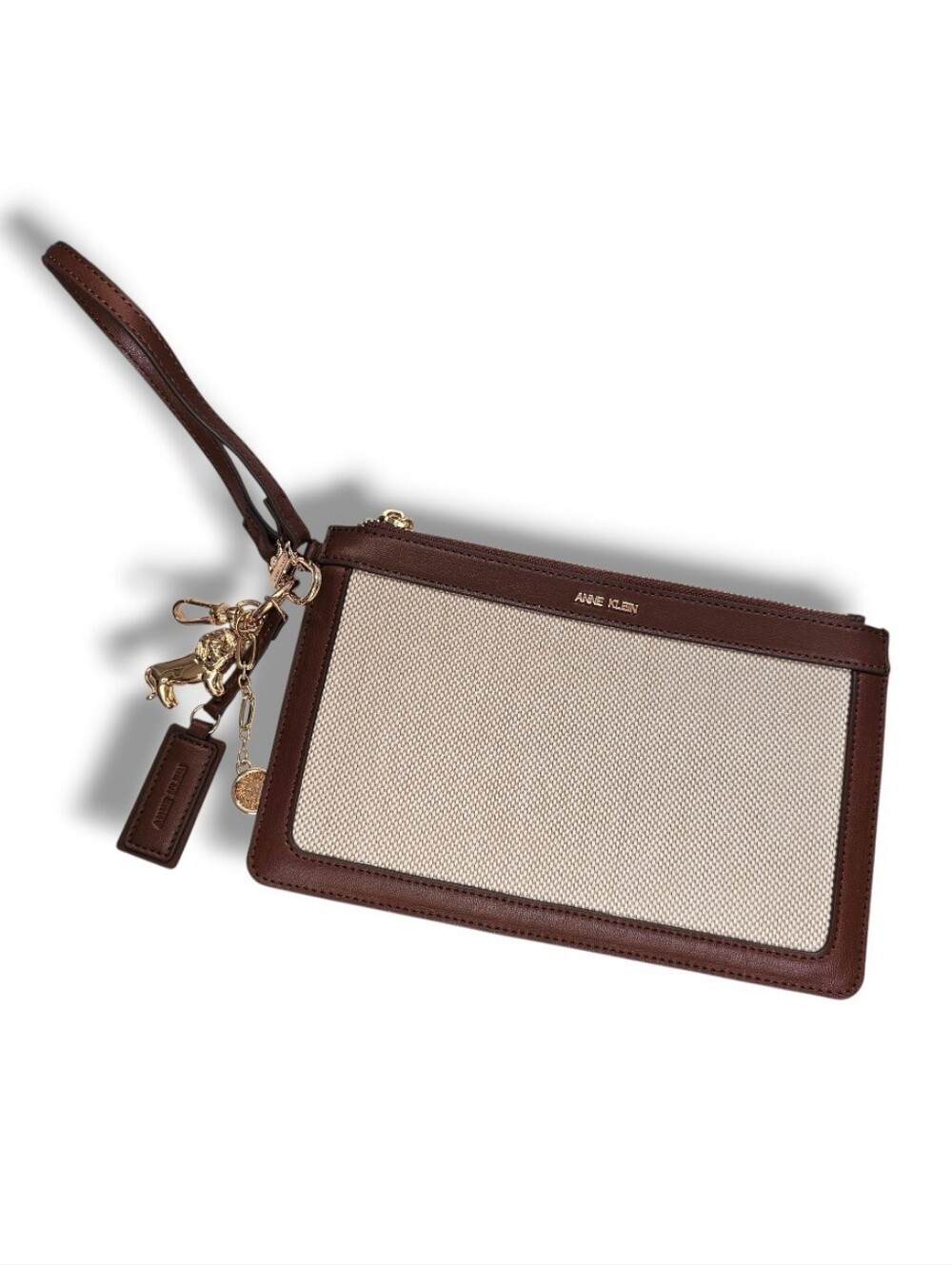 Anne Klein Brown and Cream Leather-Trim Wristlet Clutch